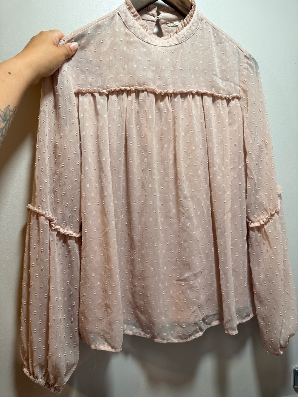 Sheer Swiss Dot Ruffle Yoke Blouse - Light Pink
